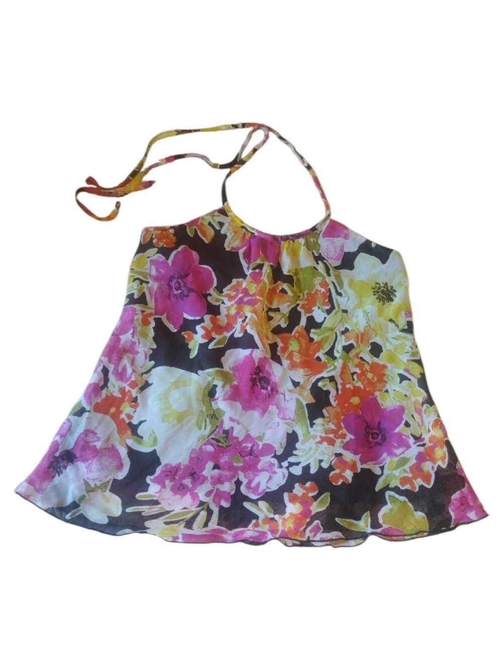 VTG Y2K Whimsyfairy Floral Halter Tank Top in Pink, Yellow & Brown Sz M/L